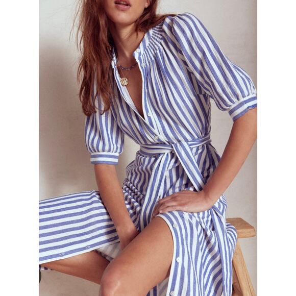 Boden Ada Double Cloth Blue White Stripe Midi Dress Sundress 6 Petite Black Belt - Picture 1 of 10